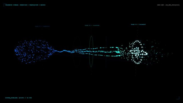 Abstract data stream particles flowing through digital conduits in dark cyberspace set.