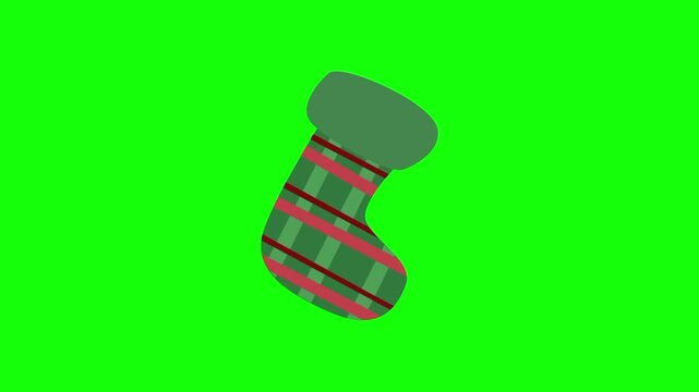 Christmas stocking sock ornamental. Xmas tree accessories icon sign, isolated on green screen. Vector cartoon animation. Holiday, illustration, party and celebration symbol. Decoration and ornaments