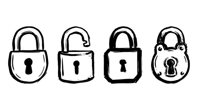 Sketched locks in varying formats and styles , rough vintage hand-drawn ink isolated on white background. Vector illustration