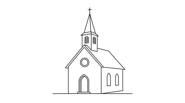 Simple black and white line art vector illustration of a classic small church building with building architecture religion christian