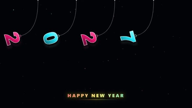 Year 2027 hanging numbers swinging in motion graphics dynamic festive loop on black.