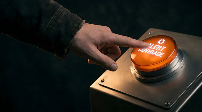 A hand presses an illuminated orange alert coverage button