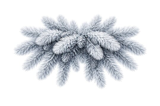 Illustration of frosted pine branches with cones on a white background.