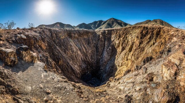 Gigantic gaping void in a rugged volcanic crater rim revealing dramatic geologic formations under a bright sky