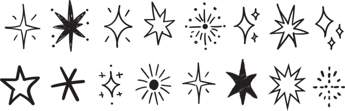 Collection of hand drawn stars, sparkles, and decorative burst elements in varied shapes for festive designs, celebrations, invitations, stickers, and creative graphic projects.