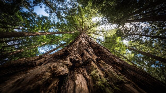 Massive Redwood Tree Trunk with Deeply Furrowed Bark, Looking Up Through Forest Canopy