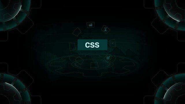 CSS cascading style sheets web development and front end coding concept on digital gear HUD background loop