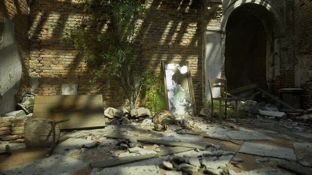 Sunlit abandoned Georgian church interior, statue bathed in warm light scattered rubble and cracked plaster, ivy climbing arch and doorway, dust motes