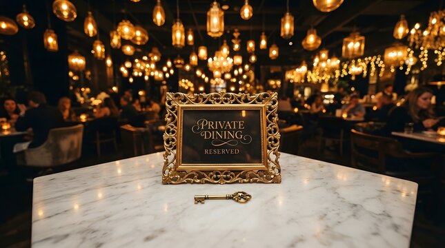 A decorative sign celebrating the national day china holiday placed on a marble table inside a dimly lit restaurant with many glowing hanging light bulbs