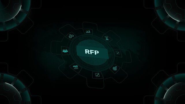 RFP request for proposal business procurement and bidding concept on digital gear HUD background loop