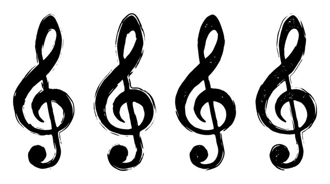 Four Artistic Treble Clefs on a Light Background , rough vintage hand-drawn ink isolated on white background. Vector illustration