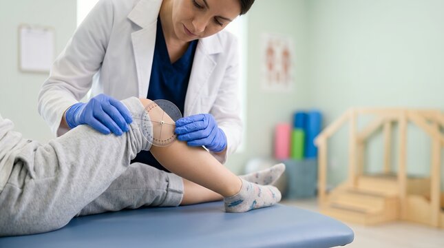 Pediatric doctor using goniometer to measure child knee joint range of motion in clinic