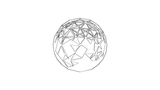 Abstract wireframe sphere illustration with geometric triangular mesh structure on white background.