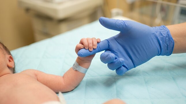 Neonatologist evaluating newborn palmar grasp reflex in a hospital pediatric clinic setting.