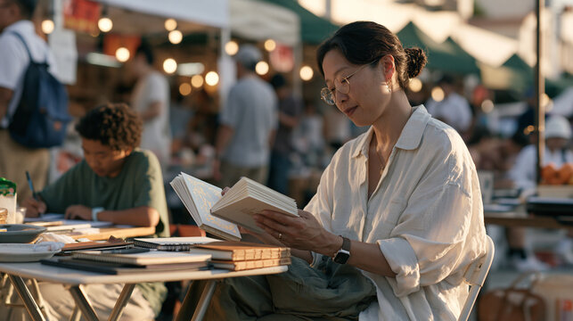 A journaling craft instructor in a vibrant outdoor market compares two handbound notebook prototypes side by side at dusk, the last light of the day catching the gold foil tooling