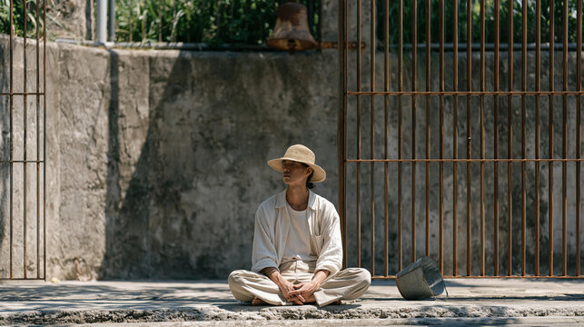 A zoo keeper in an empty concrete enclosure sits cross legged on the ground cooling down after an intense feeding session, a rusted bell mounted above the gate about to clang, a