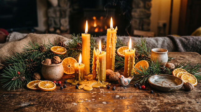beeswax candles on wooden surface with dried citrus and pine branches