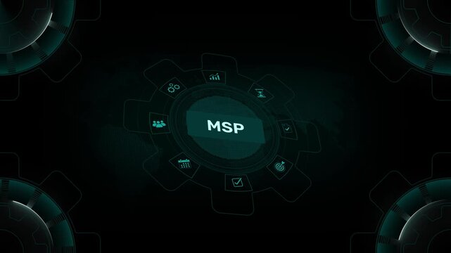 MSP acronym, managed service provider concept, A managed service provider is a third party company that remotely manages information on digital gear HUD interface background