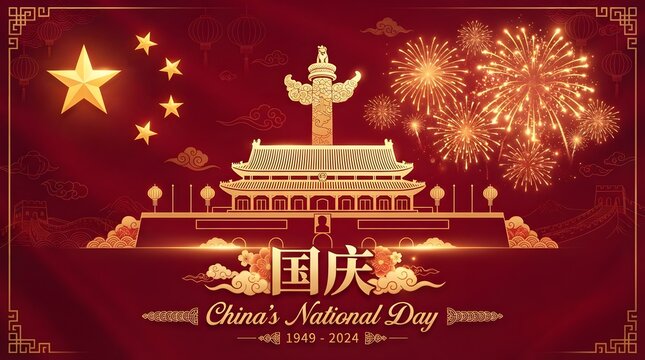 A festive illustration celebrating national day china featuring the iconic tiananmen gate tower with golden fireworks and traditional oriental patterns on a deep red background