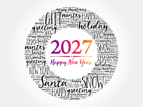 2027 Happy New Year word cloud design with festive holiday text arranged in circular wreath shape, colorful gradient numbers, greeting card background