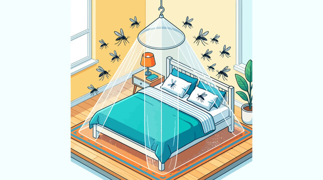 Isometric vector illustration of a bedroom with a protective mosquito net hanging over a bed with teal sheets, preventing a swarm of mosquitoes from entering.