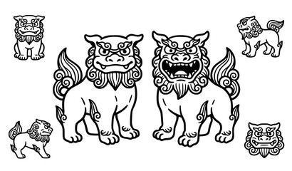 Traditional Japanese Shisa guardian lion collection, hand drawn Okinawan protective statue and folklore illustrations © Prodip