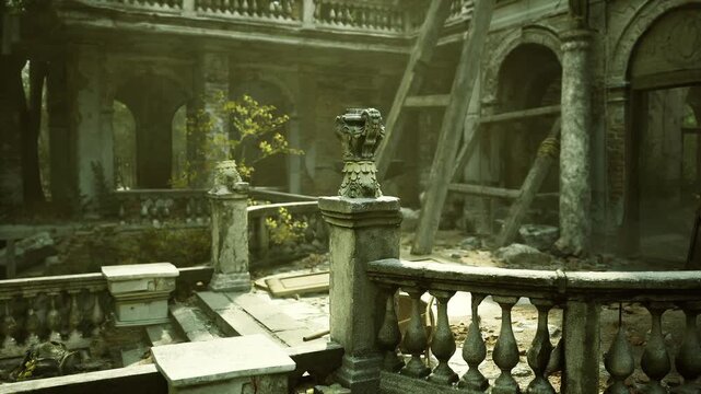 Mossy terrace balustrade United Kingdom with floral urn, broken balusters and scattered fragments, green tinted light filtering through trees, closeup detail