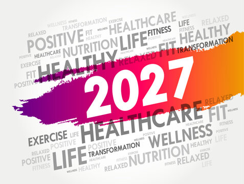 2027 healthy lifestyle word cloud with wellness, fitness, nutrition and healthcare text on vibrant brush stroke background, motivational typography concept
