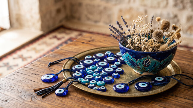 blue glass evil eye amulets and ceramic bowl on brass tray on wooden table