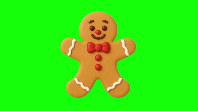 Doll gingerbread man Christmas. Xmas cookie snow icon sign, isolated on green screen. Vector cartoon animation. Holiday, illustration idea, party and celebration symbol. Decoration and ornaments