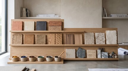 Fototapeta premium Interior design material samples board with wood stone and textures
