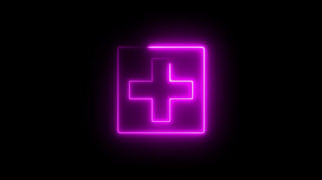 Neon plus sign icon animation glowing pink color neon sign positive mathematic accountancy calculating icon sign symbol on black background	
