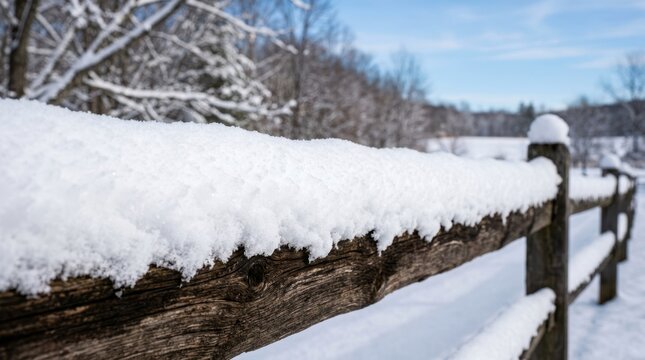 Beautiful winter landscape background. Thick untouched snow resting heavily along a rustic wooden fence rail.