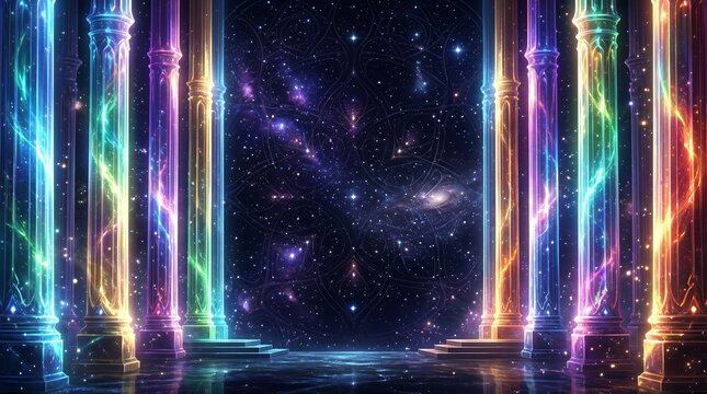 Luminous Multi ColoredPillars Bordering a Dark Patterned Starry Backdrop frame rainbow border poles pillarscolorful background dark stars sparkle glitter glowing
