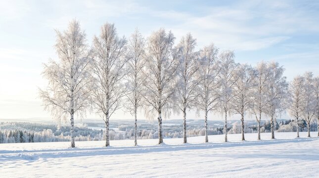 Beautiful winter landscape background. Row of elegant birch trees covered in hoarfrost standing on a snowy plain.