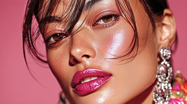 macro beauty portrait of a stunning young Asian woman with luminous glass skin, healthy radiant complexion, crystal reflections on hydrated skin, glossy lips, luxurious fashion photography