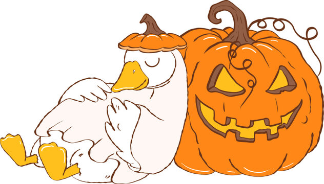 Funny Goose Resting on Jack O Lantern Autumn Illustration