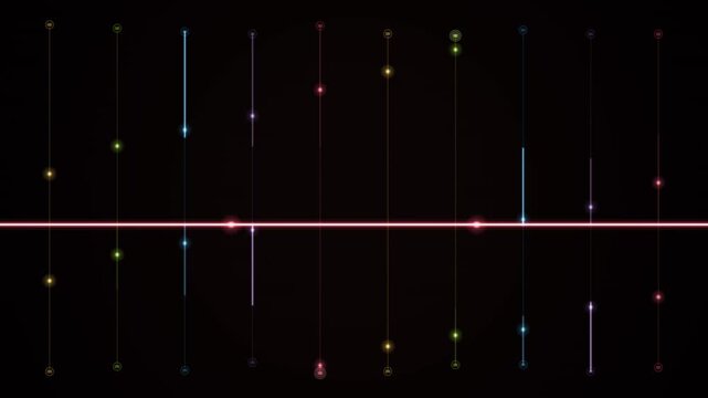 Modern technology background displaying an equalizer with glowing colored nodes on vertical lines and a horizontal red overlay line
