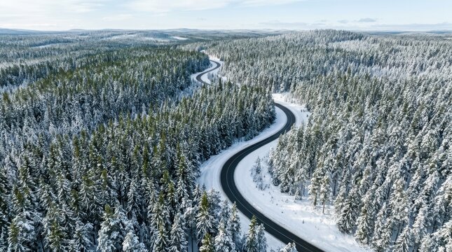 Beautiful winter landscape background. Aerial view of a winding asphalt road cutting through a snowy pine forest.