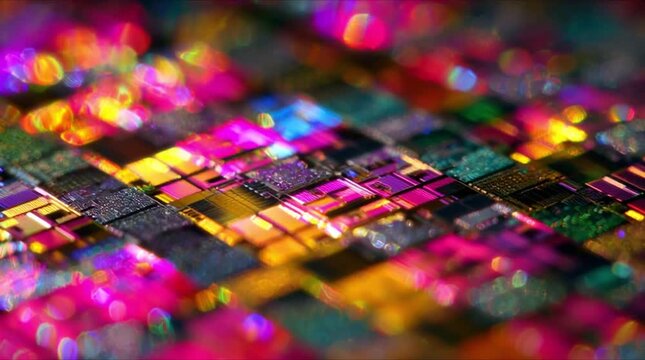 Perspective macro view of silicon microchip wafer array with glowing magenta and gold optical light flare reflections during precision semiconductor manufacturing process (AI Generated)