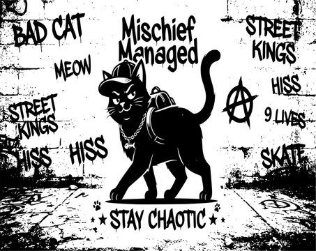 Black and White Cool Mischievous Cat Silhouette: Funny Streetwear Vector, Pop Culture Meme Icon