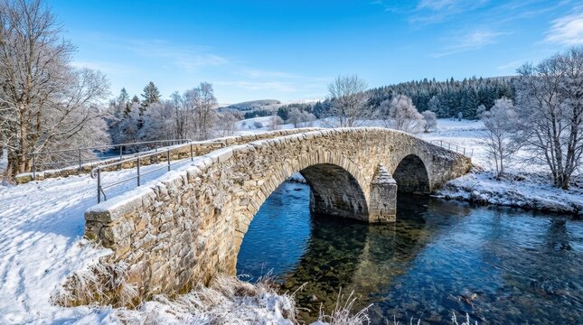 Beautiful winter landscape background. Historic stone arch bridge spanning a flowing cold river in winter.