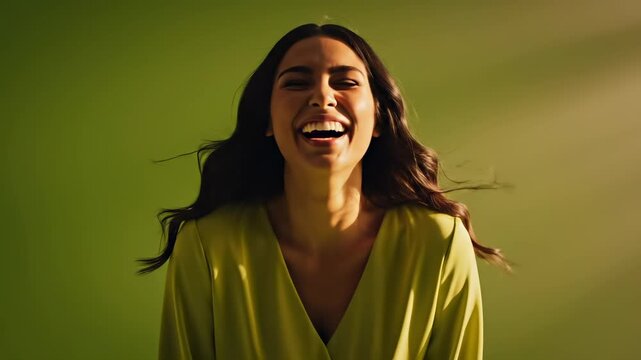 Woman laughs joyfully wearing yellow blouse against green wall. Happy woman expressing joy with sunlight creating shadows. Laughing woman in yellow top. Joy and happiness with green wall backdrop.