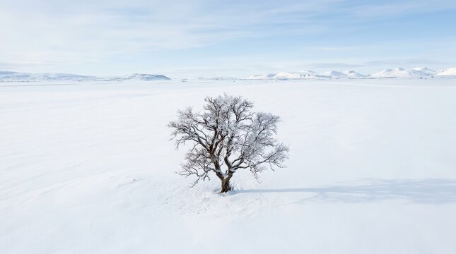 Beautiful winter landscape background. Solitary bare tree standing alone in a vast foggy snow field.