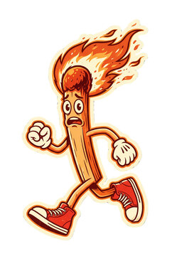 Cartoon Matchstick Running with Flames on Head Illustration