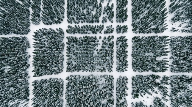 Beautiful winter landscape background. Top down view of geometric grid paths cut through a snowy pine forest.