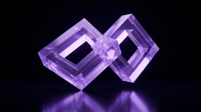 Interlocking purple glass geometric square frames on black background