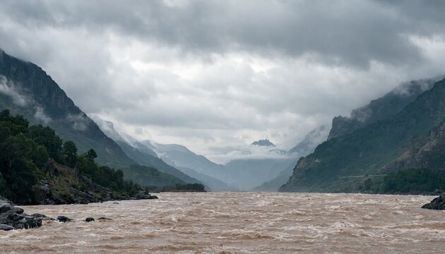 Wide mountain river with muddy water flowing through high valley landscapes under a dramatic cloudy sky