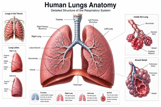 Human lungs anatomy diagram showing trachea bronchi bronchioles alveoli lobes and diaphragm for medical and educational presentation