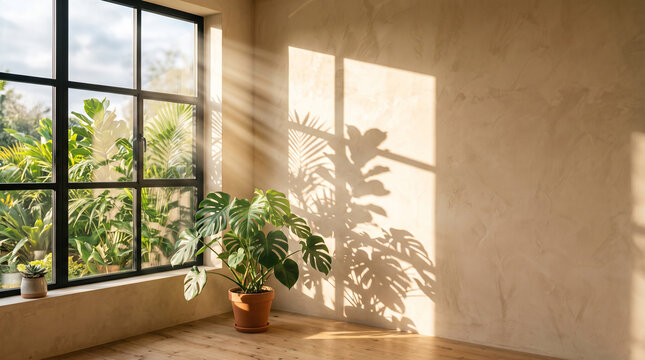sunlight streaming through window with tropical plant shadows on beige wall